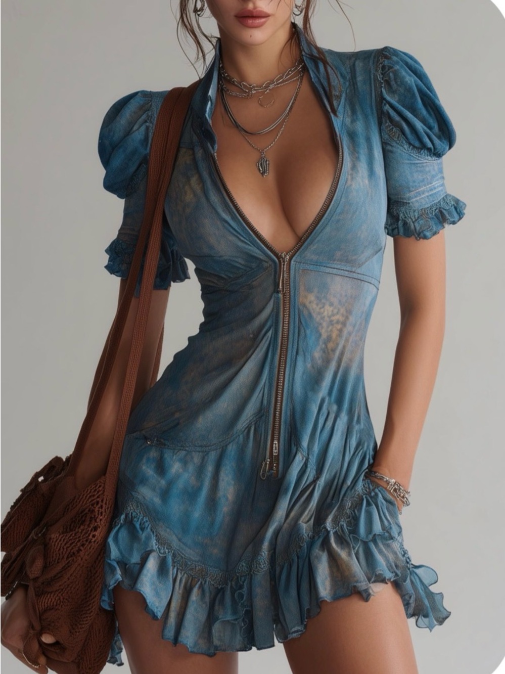 Blue Zip-Front Ruffle Mini Dress